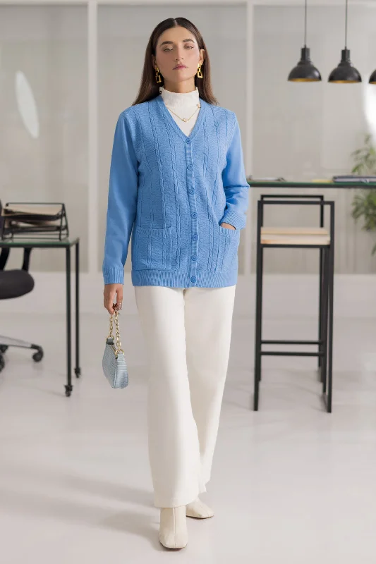 SKY-BLUE-FULL SLEEVES V-NECK CARDIGAN SWEATER (24X-155-66) Front Pockets Side Pockets Patch Pockets