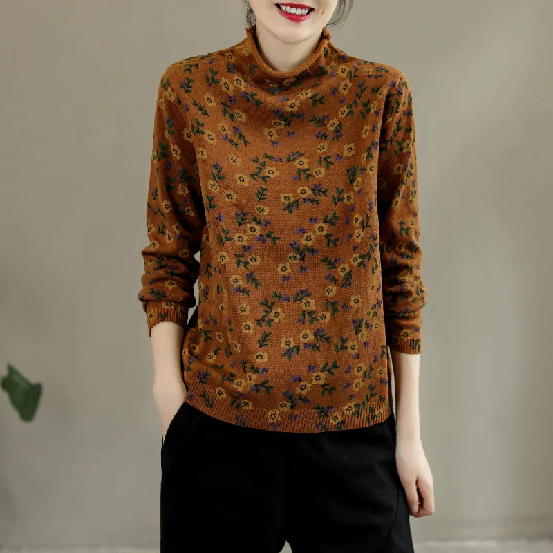 Autumn Retro Floral Turtleneck Cotton Knitted Sweater Glossy Satin Silk