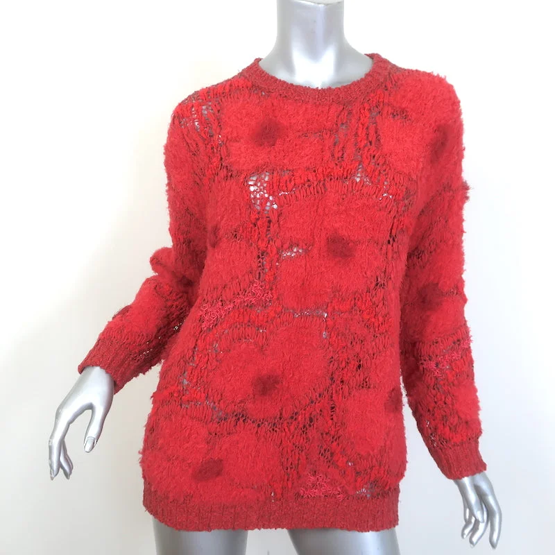 Brunello Cucinelli Floral Knit Sweater Red Size Small Crewneck Pullover Chenille Brocade Lace