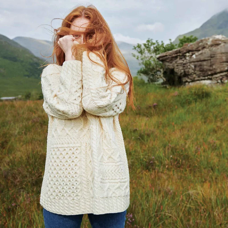 Oversized Patchwork Aran Knit Sweater- Cream Terry Blend Velvet Blend Canvas Blend