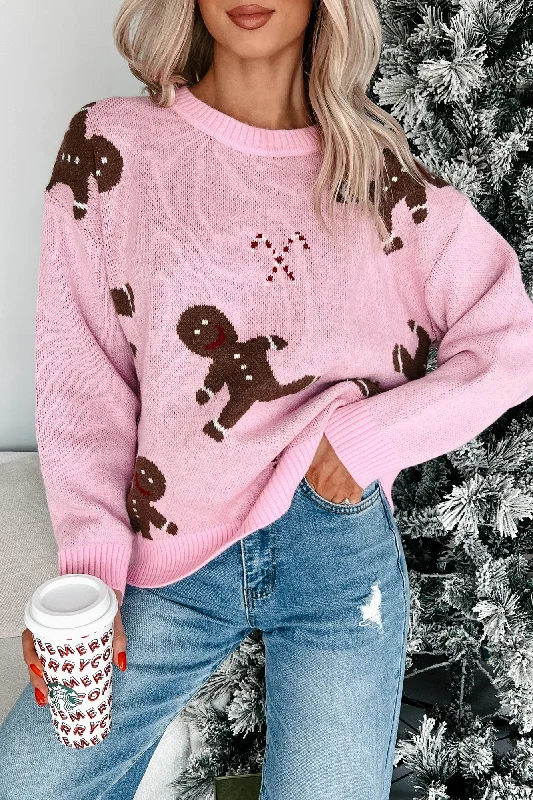 Christmas Sweets Gingerbread Man Sweater (Pink) Long Sweater Short Sweater Cropped Sweater