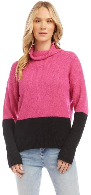 Karen Kane Colorblock Turtleneck Sweater Hot Pink/Black Real Fur Shearling Chenille