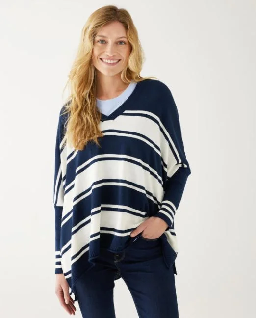 Mersea Catalina V-Neck Sweater Striped Navy Spandex Rayon Corduroy