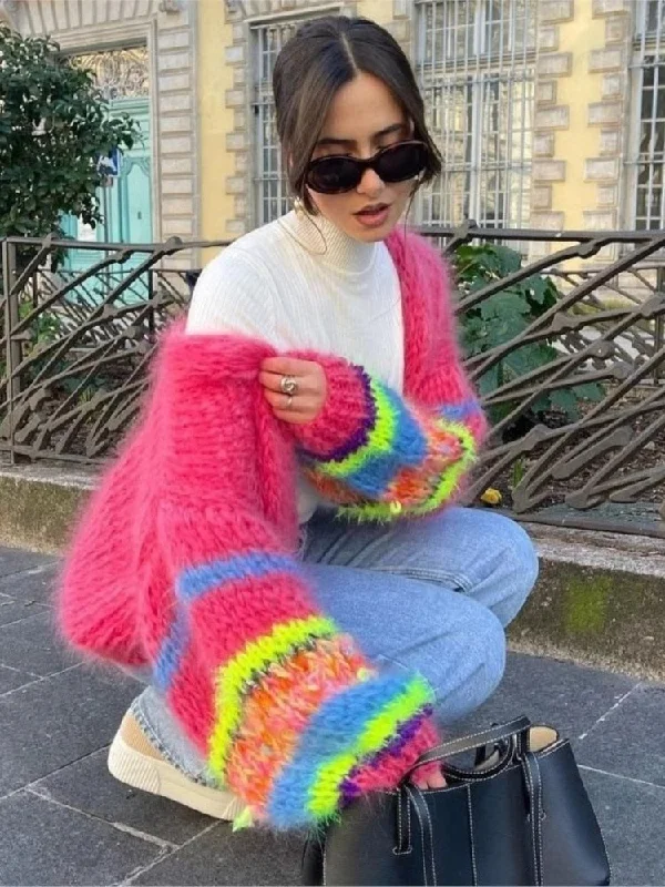 Womens Mohair Sweater Cardigans Women Striped Knit Splice Cardigans Autumn Winter Chenille Blend Fleece Blend Nylon Blend