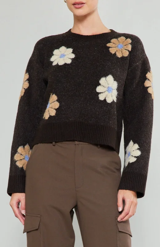 Current Air - Daisy Embroidered Sweater Welt Pockets Slit Pockets Flap Pockets