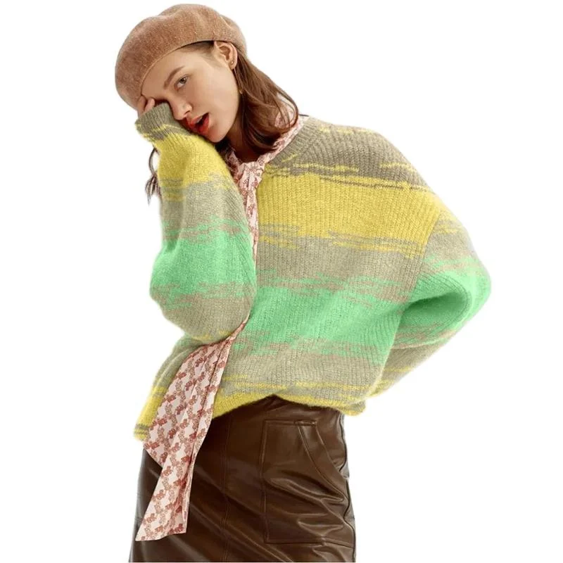 Customized Ladies rainbow mohair Knit Pullover sweater Thick and Cozy Welt Pockets Slit Pockets Flap Pockets