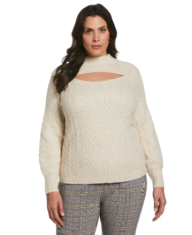 Plus Size Cut-Out Cable Knit Sweater Hooded Sweater Collared Sweater Shawl Collar