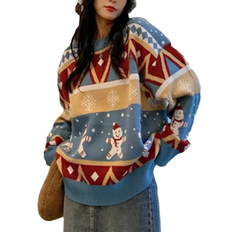 Women's Fun Contrast Color Snowman Sweater Thin Thick Dense