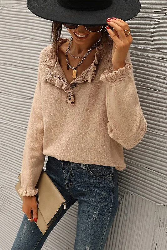 Long Sleeve Button Down Ruffle Knit Pullover Sweater Tops Zippered Front Buttoned Front Snap Front