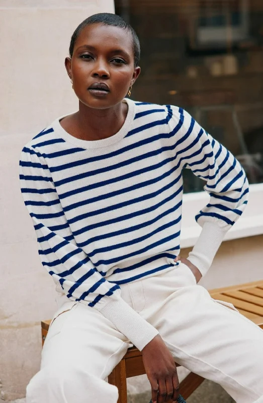 Merino Wool Striped Crew Neck Jumper | Cream/Navy Transparent Opaque Sheer