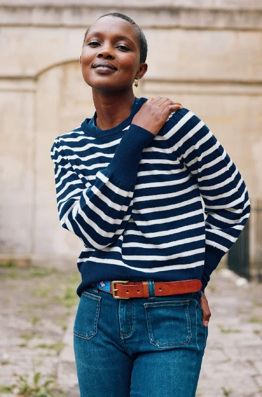 Merino Wool Striped Crew Neck Jumper | Navy/Cream Transparent Opaque Sheer