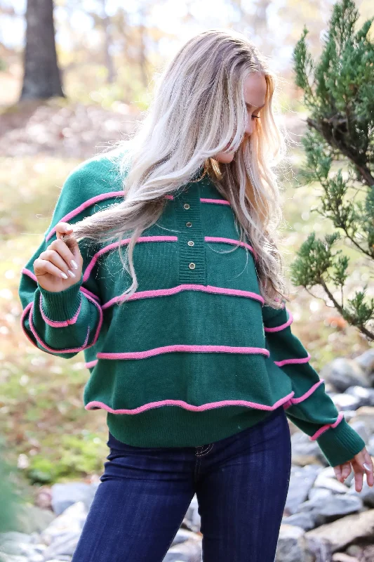 Memorably Stylish Hunter Green Striped Sweater Velvet Chenille Corduroy