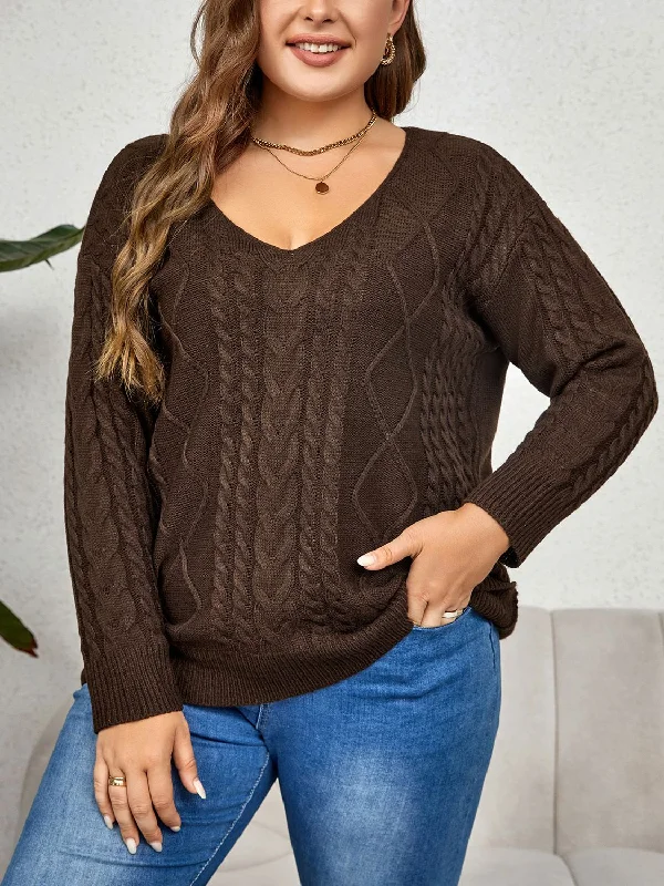 Plus Size V-Neck Cable-Knit Long Sleeve Sweater Open Front Closed Front Wrap Front