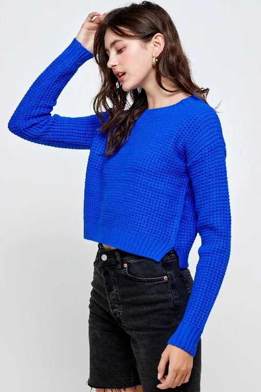 Waffle Knitted Cropped Sweater Top Print Jacquard Patchwork