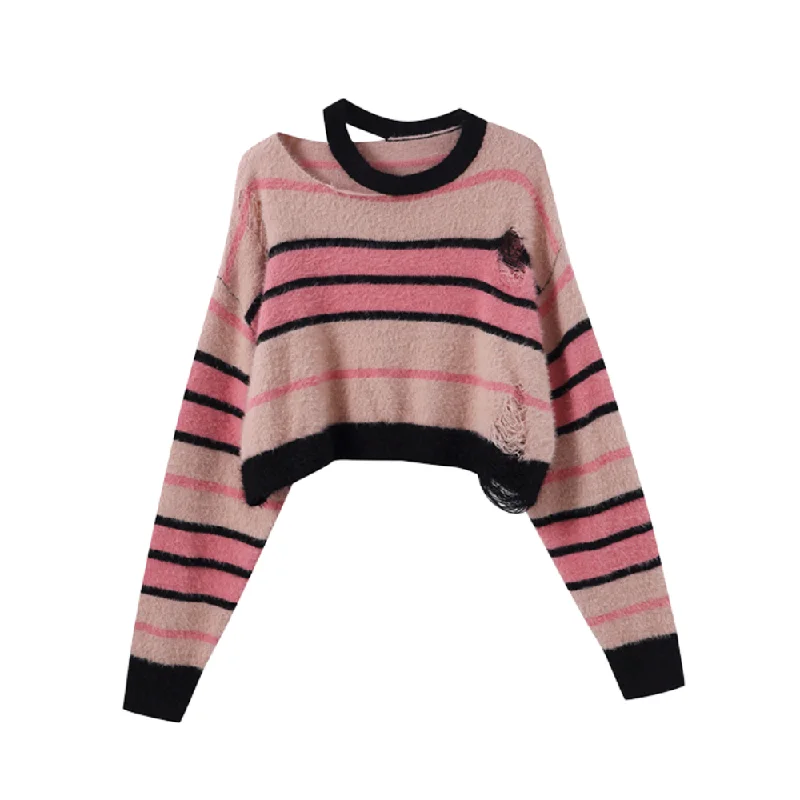 Women's Pink ripped striped sweater Mesh Fabric Canvas Fabric Denim Fabric