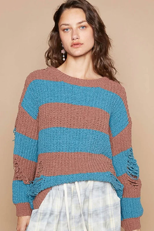 POL Striped Distressed Long Sleeve Sweater In Choco Graphic Sweater Embroidered Appliqued