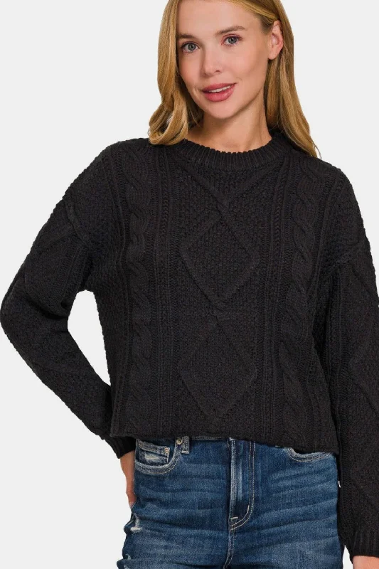 Zenana Cropped High Low Cable Sweater with Side Slits Open Front Closed Front Wrap Front