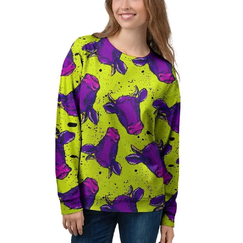 Abstract Neon Cow Print Women's Sweatshirt Hoodie with Hem Patch Decorative Personalized