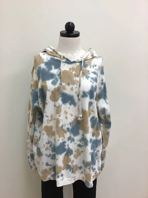 Easel Top Blue Tan Tie Dyed Long Sleeve Hoodie Hoodie with Hem Embroidery Detailed Premium