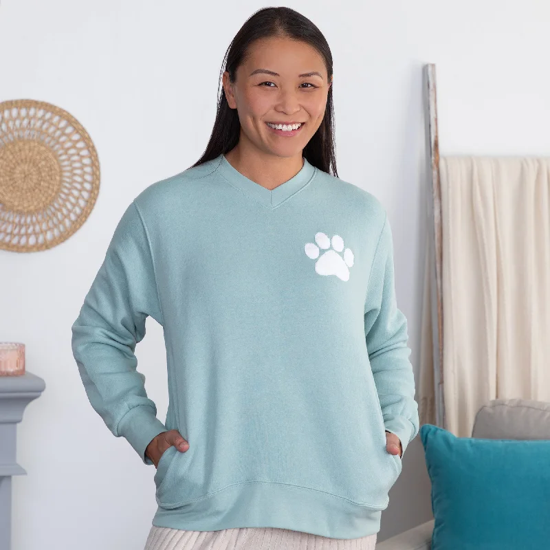 Chenille Paw V-Neck Pullover Sweatshirt Hoodie with Color Block Contrast Stylish