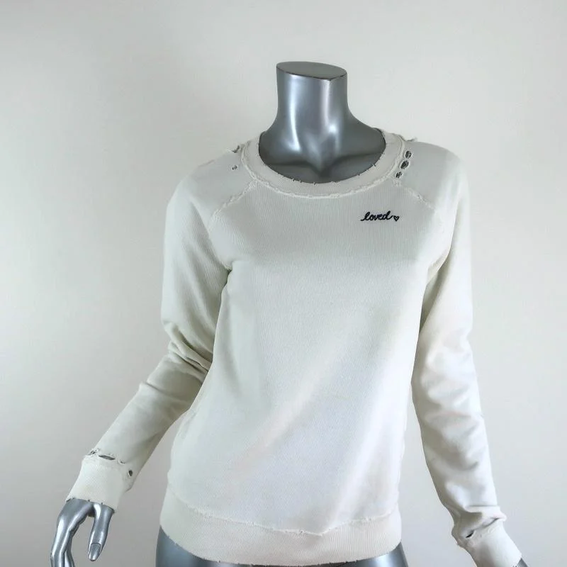 AMO Loved Sweatshirt White Distressed Cotton Size Small Crewneck Pullover Hoodie with Distressed Vintage Worn