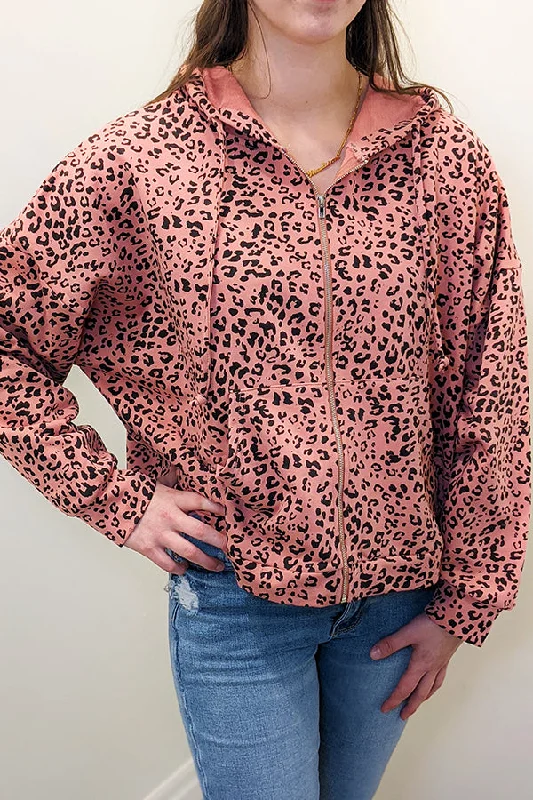 BK Brand Leopard Print Full Zip Hoodie Hoodie with Crew Neck Simple Timeless