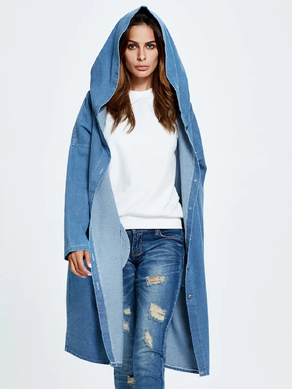 Button Up Dropped Shoulder Hooded Denim Top Hoodie with Oversized Fit Loose Comfortable