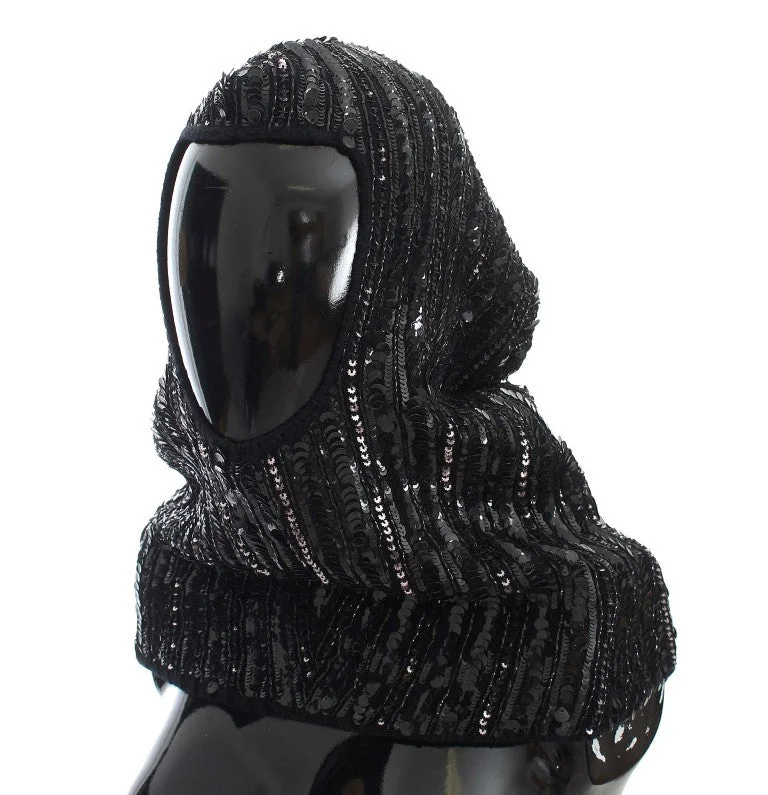 Dolce & Gabbana Elegant Black Sequined Hooded Scarf Wrap Hoodie with Hem Detail Decorative Unique