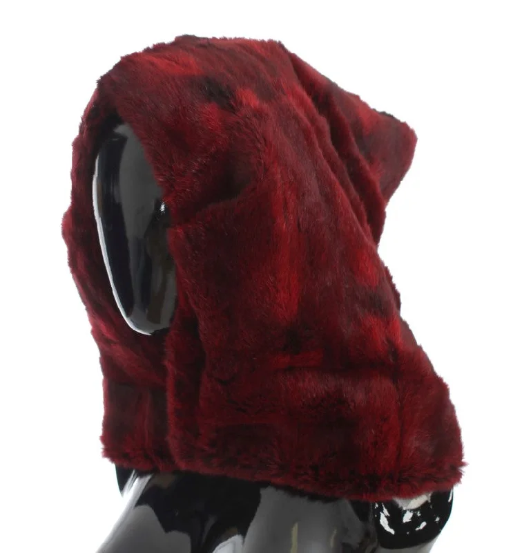 Dolce & Gabbana Luxurious Bordeaux Fur Hooded Scarf Wrap Hoodie with Elastic Cuffs Stretchable Comfortable