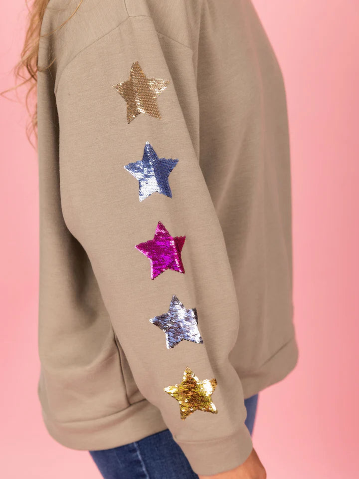 Jules Sweatshirt - Olive Sequin Stars Hoodie with Hem Embroidery Detailed Premium