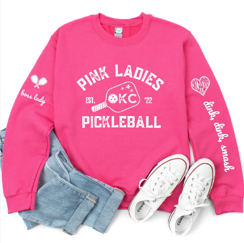 Pink Ladies OKC Pickleball Crew - Hot Pink Unisex Crewneck Sweatshirt (customize name on sleeve) Graphic Hoodie Design Print