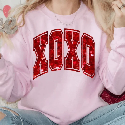 Pink XOXO Pink Sweatshirt with Faux Glitter Patches Hoodie with Illustration Artistic Creative