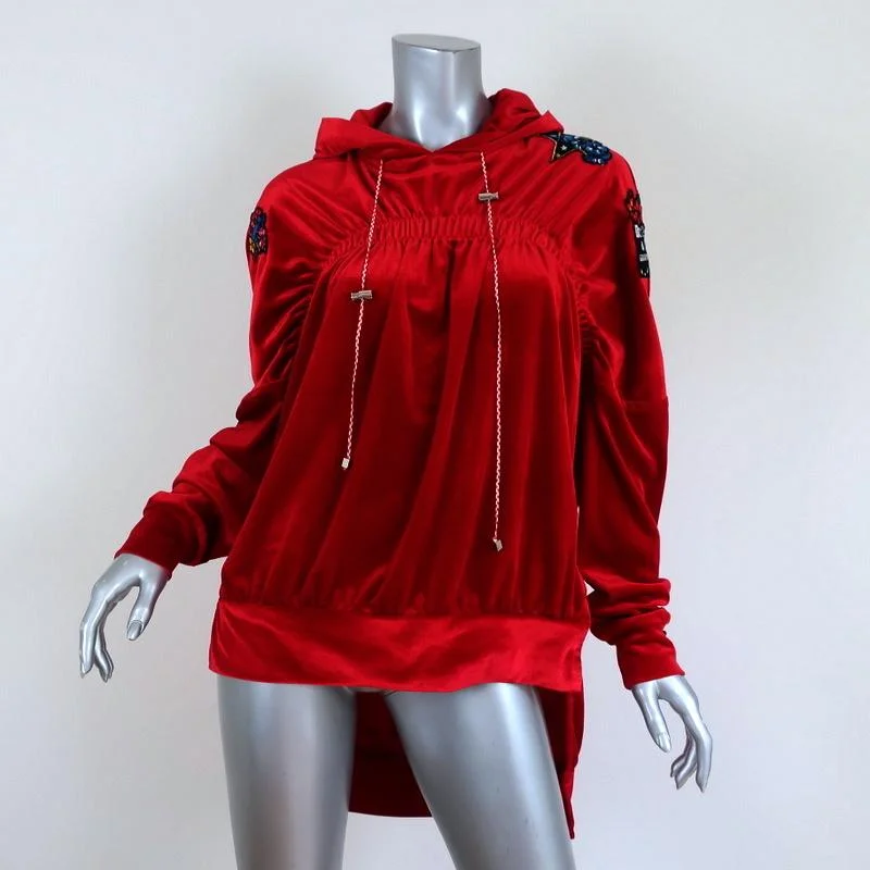 Preen Line Velour Hoodie Sweatshirt with Patches Red Size Medium Hoodie with Sequins Glamorous Eye-catching