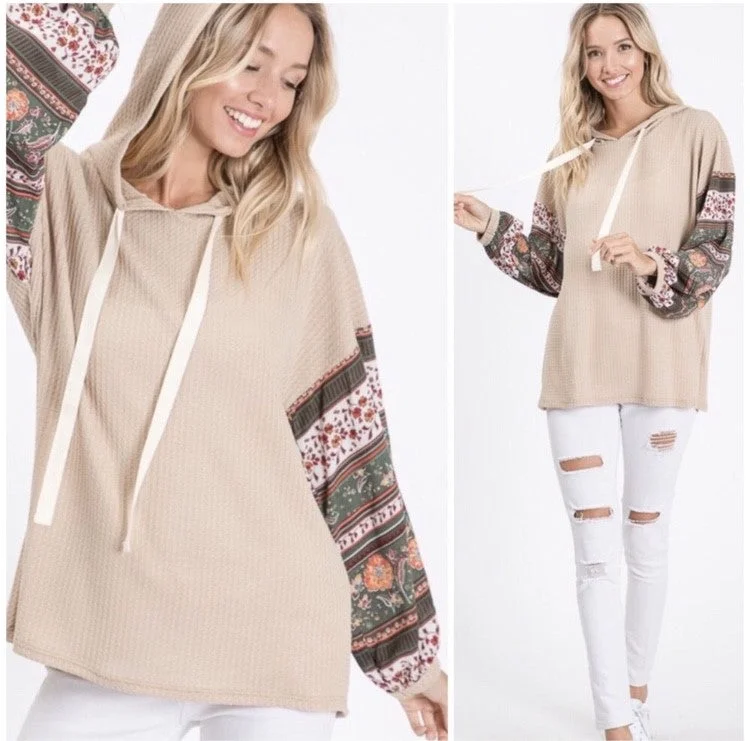 Taupe Boho Print Sleeve Thermal Waffle Hoodie Shirt Casual Womens Hoodie with Contrast Stitching Detailed Premium