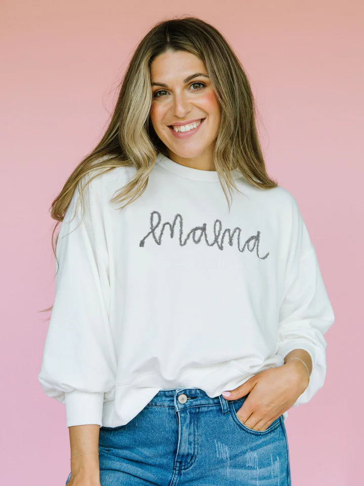 White Tinsel Mama Sweatshirt Hoodie with Hem Frayed Vintage Worn