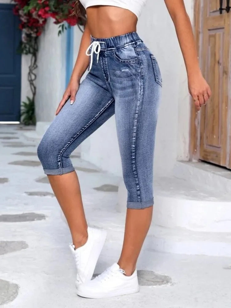 Women's Elastic Waist Jeans Fashion High Stretch Skinny Calf-Length Denim Pencil Pants Chic Double Waistband Jeans