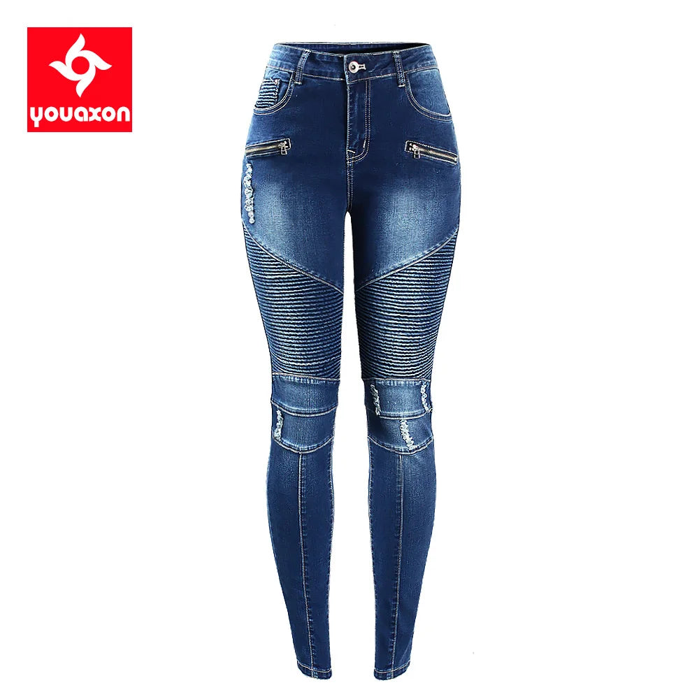 Women`s Fashion Motor Biker Style Jeans Mid High Waist Denim Skinny Pants Jeans Elegant Bootcut Fit Jeans