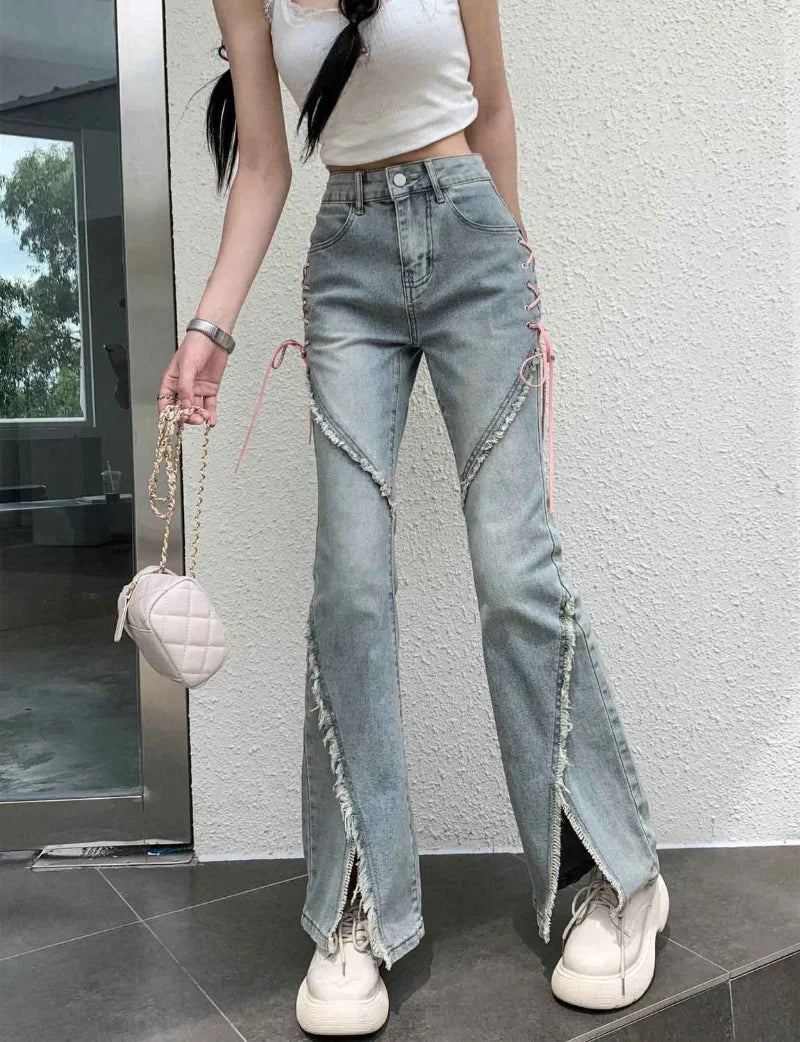 American Split Jeans Women Pink Bandage High Waist Irregular Spliced Denim Pants Cozy Tencel Blend Denim Jeans