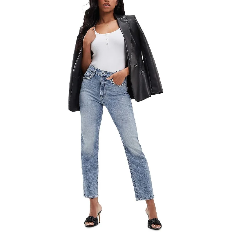 Womens Embellished Straight Leg Straight Leg Jeans Stylish High-Rise Mom Jeans