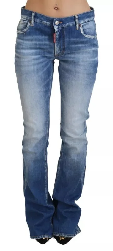 Blue Washed Cotton Mid Waist Flared Denim Jeans Elegant Skinny Leg Jeans