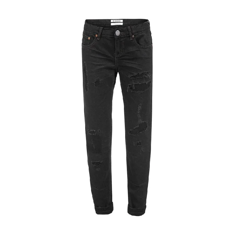 Chic Black Distressed Patched Jeans Comfortable Zip-Up Skinny Jeans