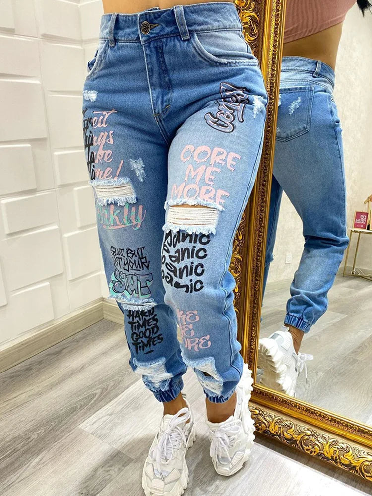 Letter Print Slant Pocket Ripped Jeans Women Casual Denim Pants Trendy Wide-Leg High-Waist Denim