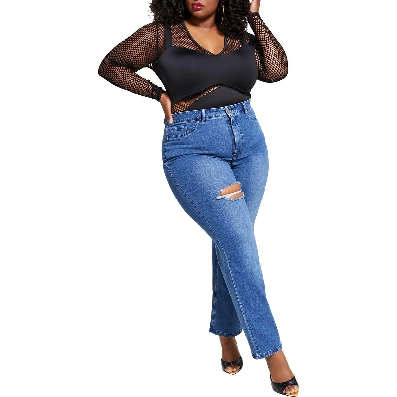 Nina Parker Womens Plus High Waist Medium Wash Straight Leg Jeans Trendy Bootcut High-Waisted Jeans