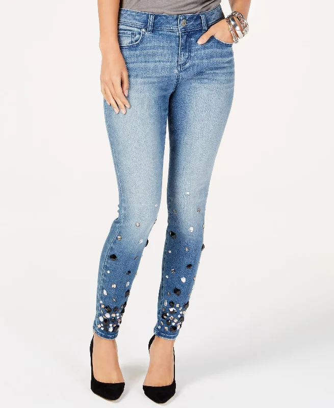 Rhinestone Embellished Skinny Jeans Trendy Wide-Legged High-Waist Jeans