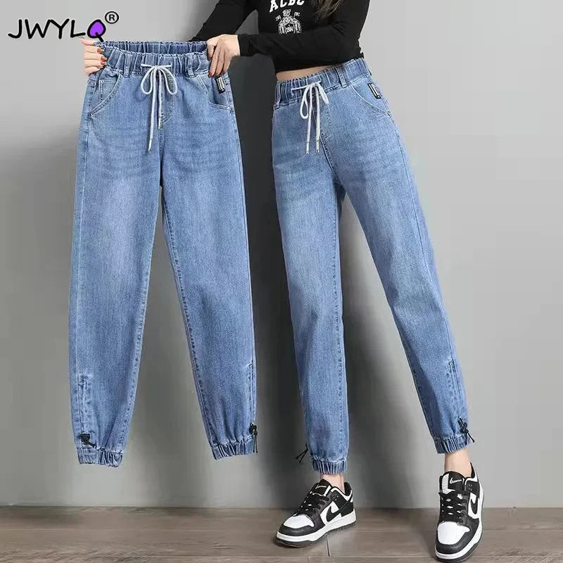 S-3xl Drawstring Ankle-length Loose Jogger Jeans Women Solid Color Streetwear Scratch  Pants Trendy Classic Fit Jeans