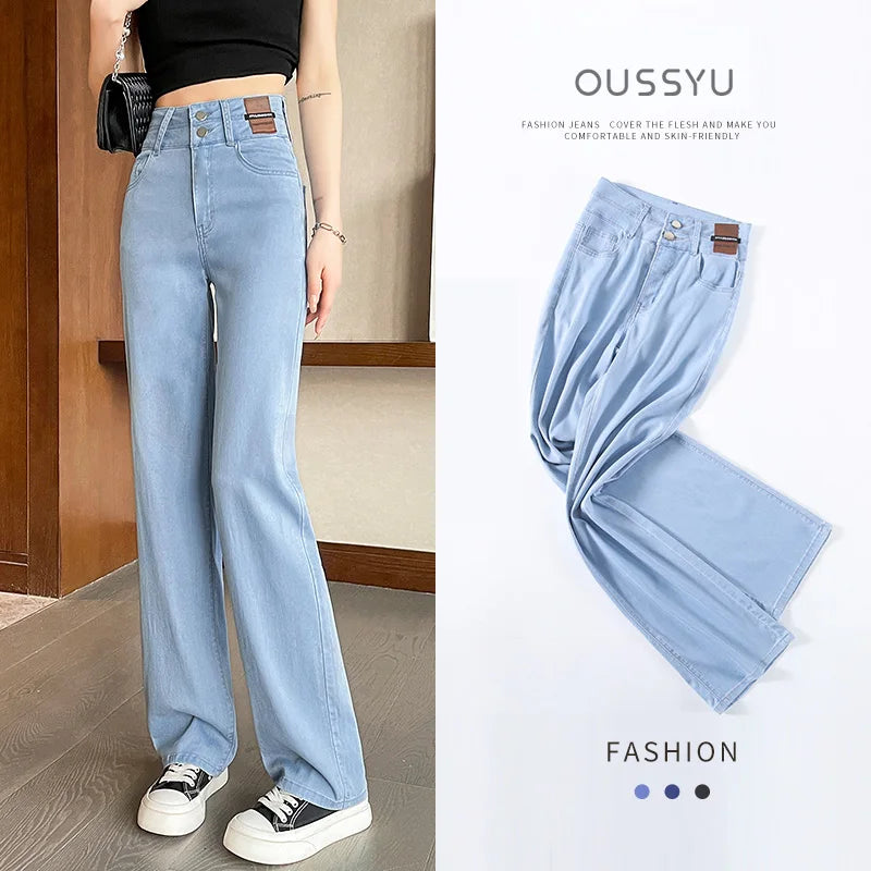 Summer Ultrathin Lyocell Women's Jeans High Waist Straight Fashion Pants Streetwear Chic Rip-Detail High-Waist Jeans