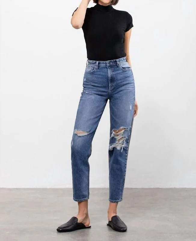 Two Tone Distressed Tapered Jeans In Medium Wash Chic Rip-Detail High-Waist Jeans