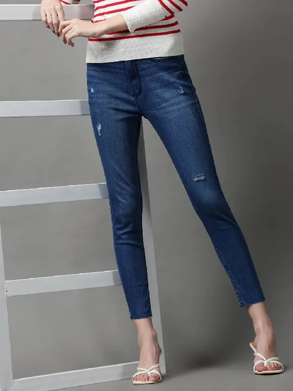 Women's Blue Solid Skinny Fit Denim Jeans-GZ-5187-Blue Fashionable Straight Cut Jeans