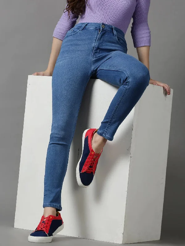 Women's Blue Solid Skinny Fit Denim Jeans-GZ-5280-Blue Fashionable Mom Jeans