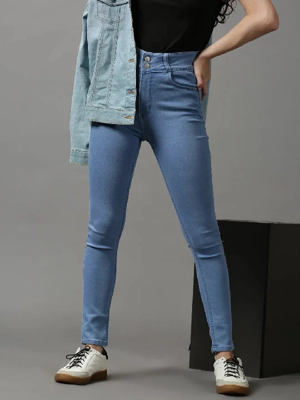 Women's Blue Solid Skinny Fit Denim Jeans-GZ-5281-1-Blue Stylish Stone-Wash Denim Jeans